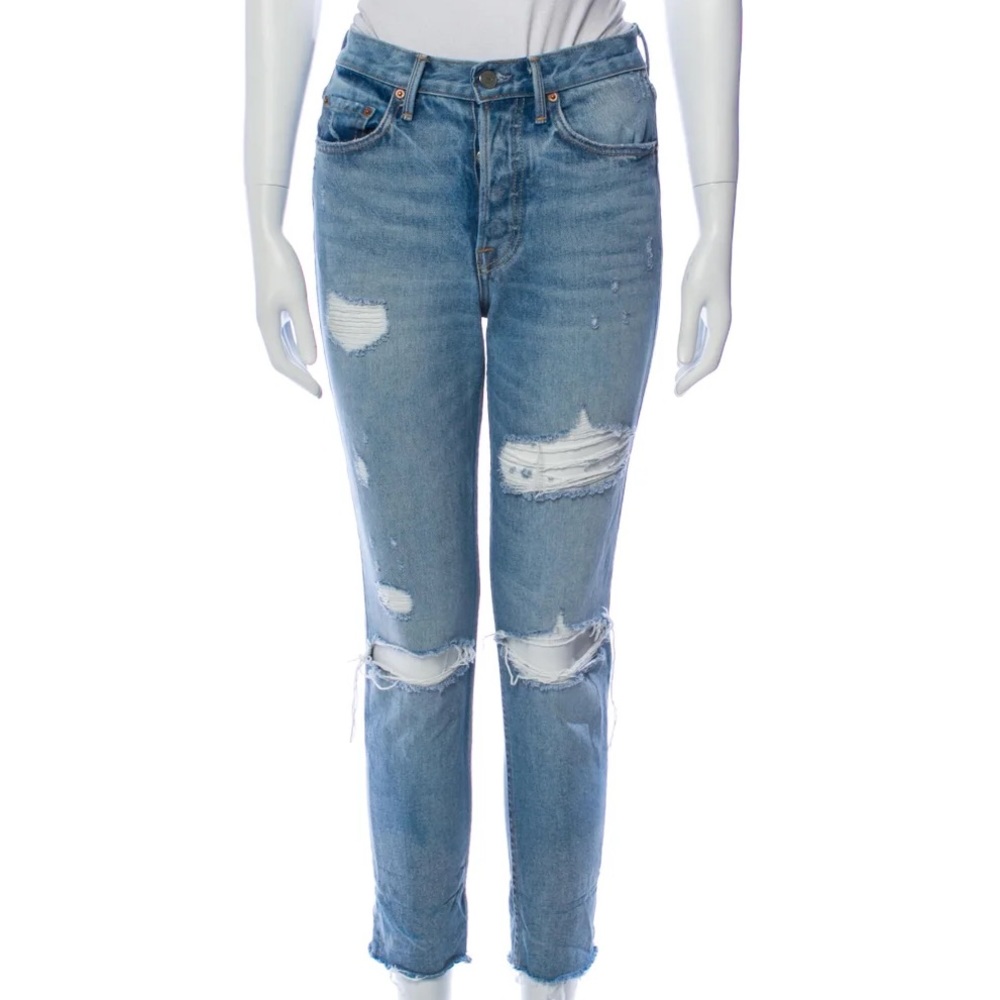 GRLFRND high rise distressed Skinny Leg Jeans raw hem hidden button‎ fly